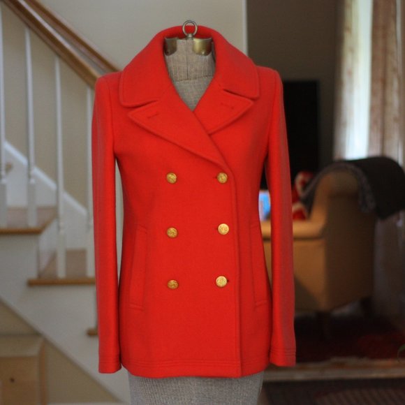 J. CREW NELLO GORI Stadium Cloth Mellon Red Pea Coat - Picture 1 of 5